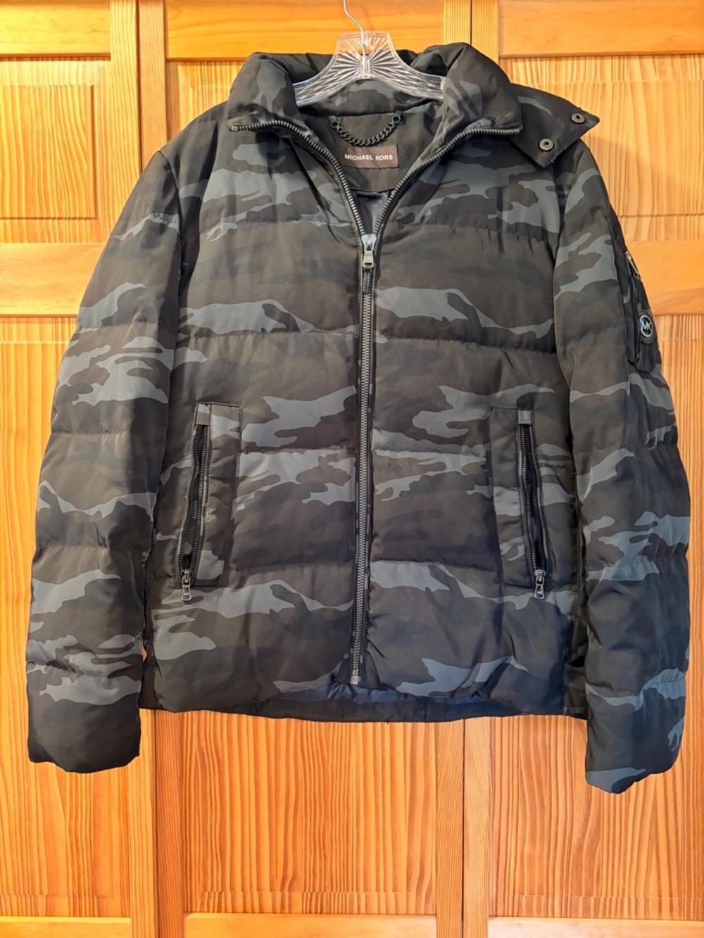 Michael Kors Men's Camouflage Puffer Jacket with Removable Hood - Black & Gray